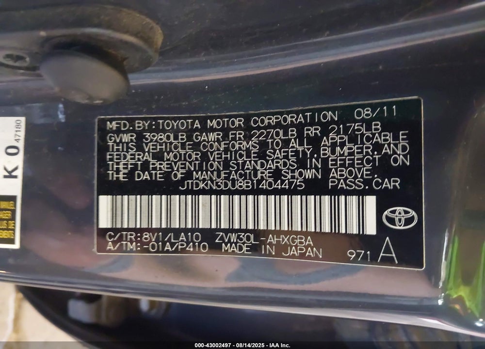 2011 TOYOTA PRIUS VIN: JTDKN3DU8B1404475