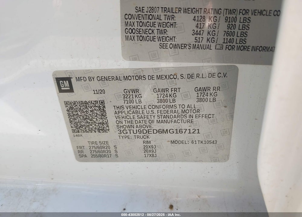 2021 GMC SIERRA 1500 VIN: 3GTU9DED6MG167121