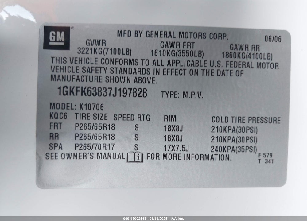 2007 GMC YUKON DENALI VIN: 1GKFK63837J197828