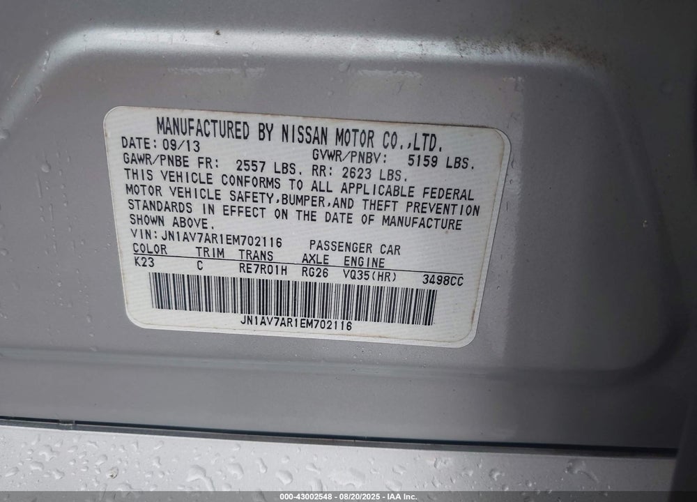 2014 INFINITI Q50 VIN: JN1AV7AR1EM702116