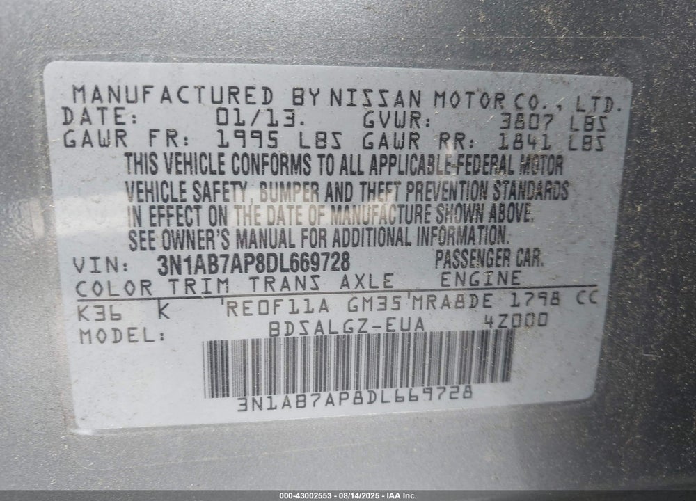 2013 NISSAN SENTRA VIN: 3N1AB7AP8DL669728