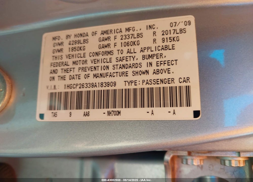 2009 HONDA ACCORD VIN: 1HGCP26339A183909