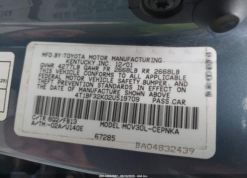 2002 TOYOTA CAMRY LE V6 VIN: 4T1BF32K02U519709