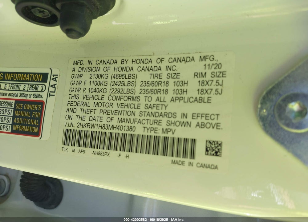 2021 HONDA CR-V VIN: 2HKRW1H83MH401380