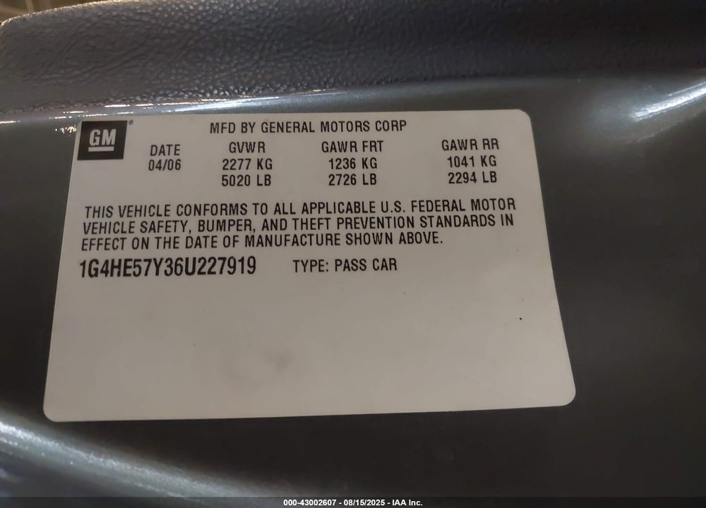2006 BUICK LUCERNE CXS VIN: 1G4HE57Y36U227919
