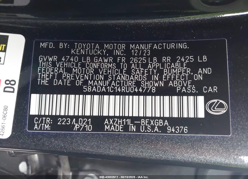 2024 LEXUS ES 300H VIN: 58ADA1C14RU044778