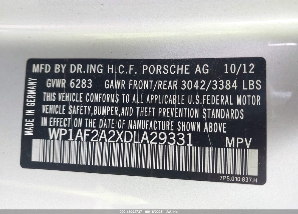 2013 PORSCHE CAYENNE VIN: WP1AF2A2XDLA29331
