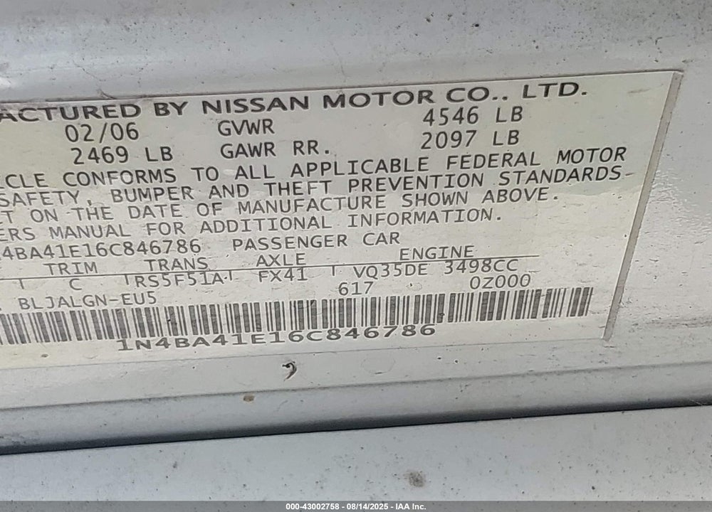 2006 NISSAN MAXIMA VIN: 1N4BA41E16C846786