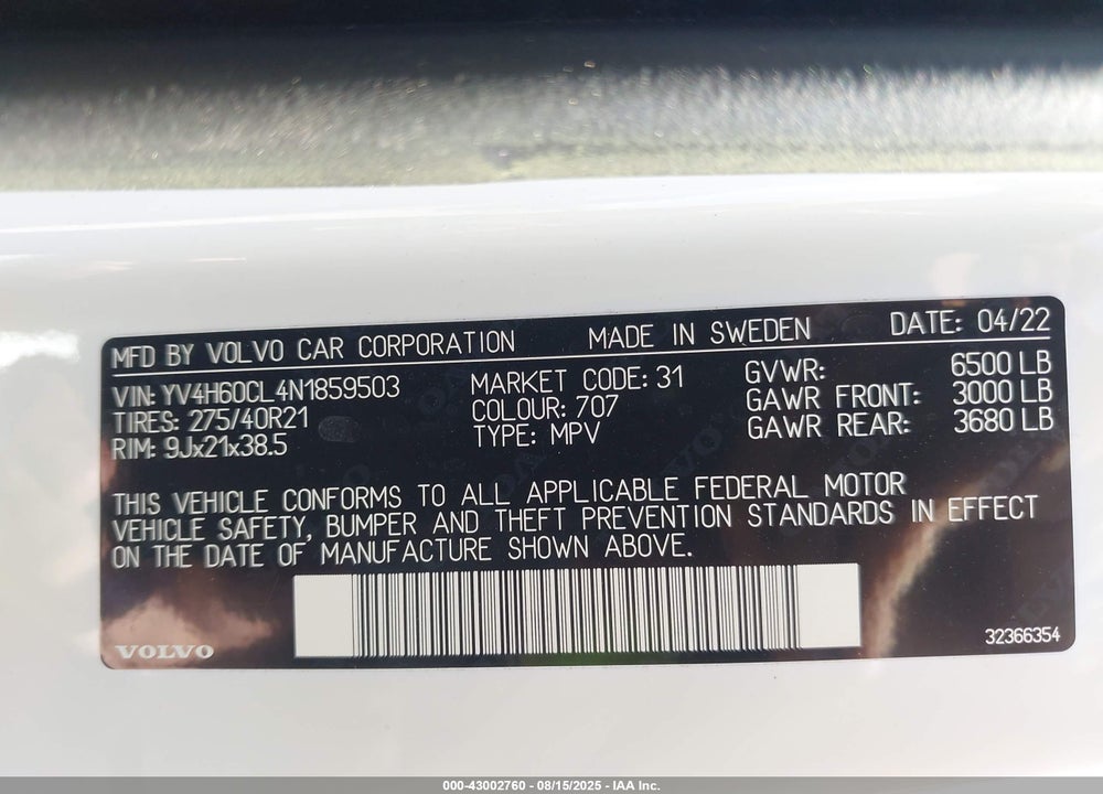 2022 VOLVO XC90 RECHARGE VIN: YV4H60CL4N1859503