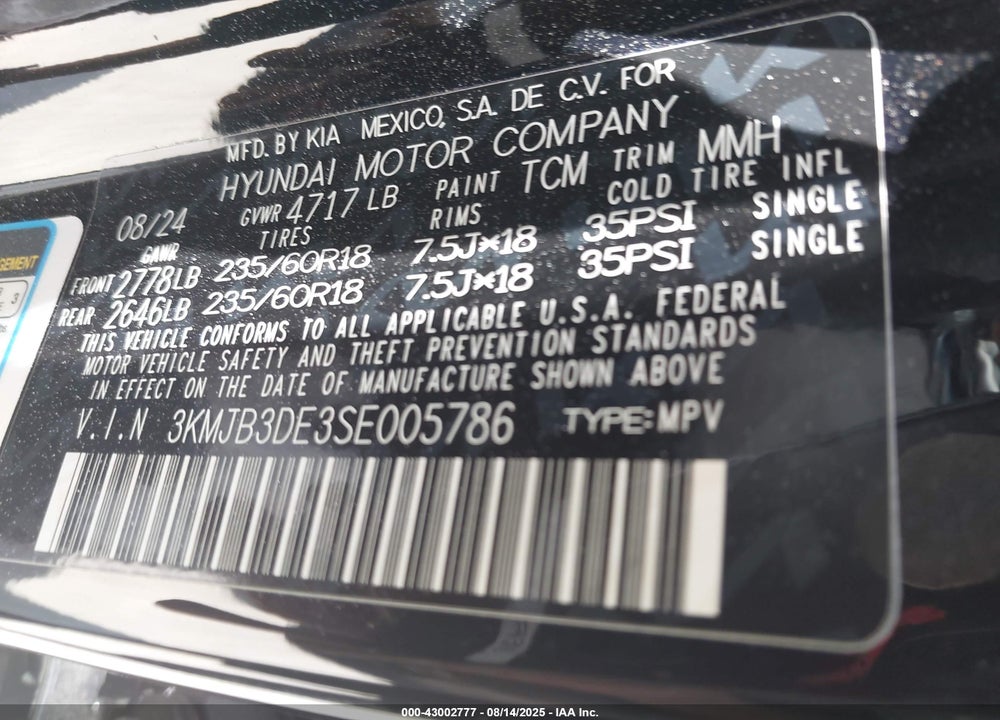 2025 HYUNDAI TUCSON SEL VIN: 3KMJB3DE3SE005786