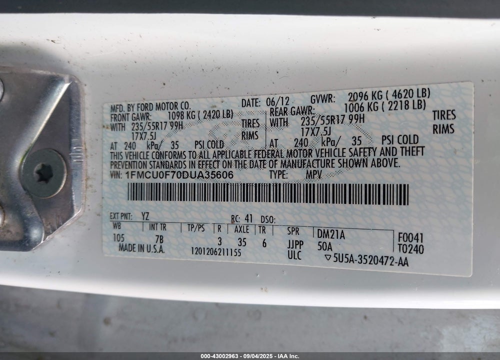 2013 FORD ESCAPE VIN: 1FMCU0F70DUA35606