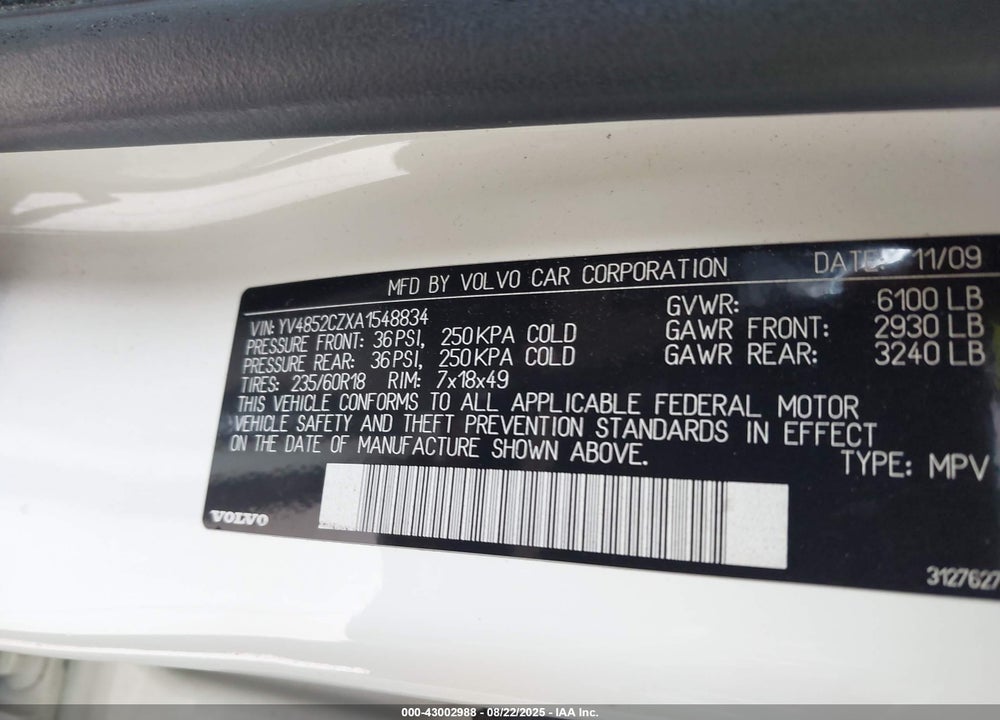 2010 VOLVO XC90 VIN: YV4852CZXA1548834