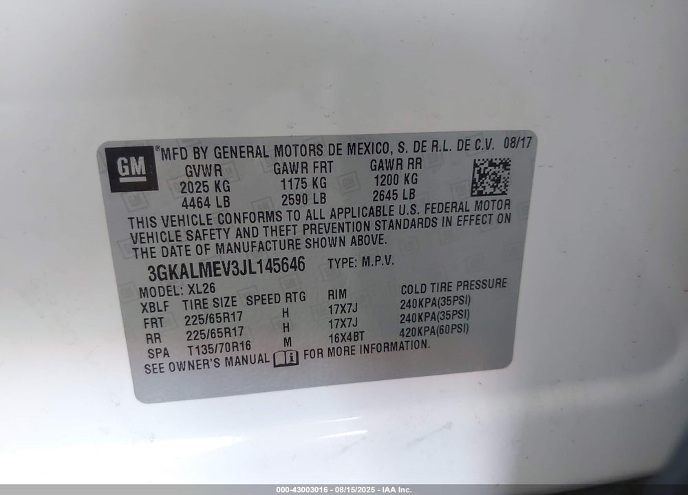 2018 GMC TERRAIN VIN: 3GKALMEV3JL145646