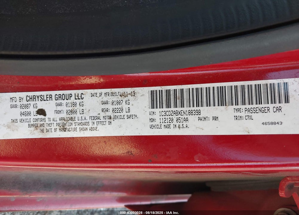 2014 DODGE AVENGER VIN: 1C3CDZABXEN188398