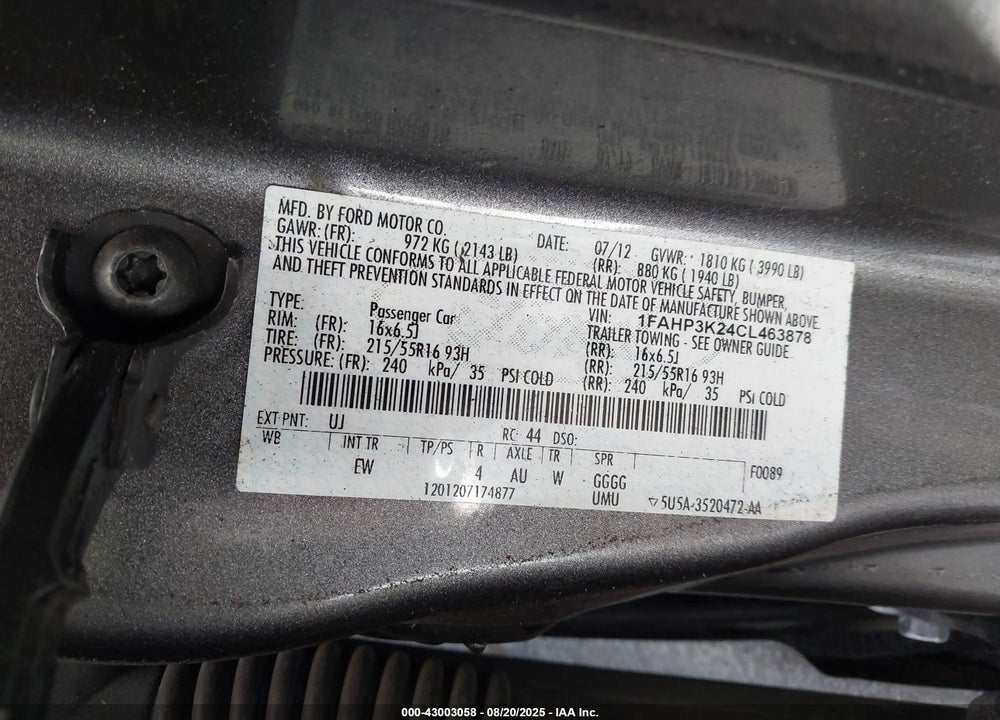 2012 FORD FOCUS VIN: 1FAHP3K24CL463878