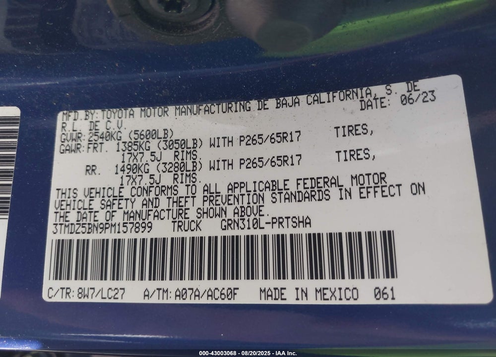2023 TOYOTA TACOMA VIN: 3TMDZ5BN9PM157899