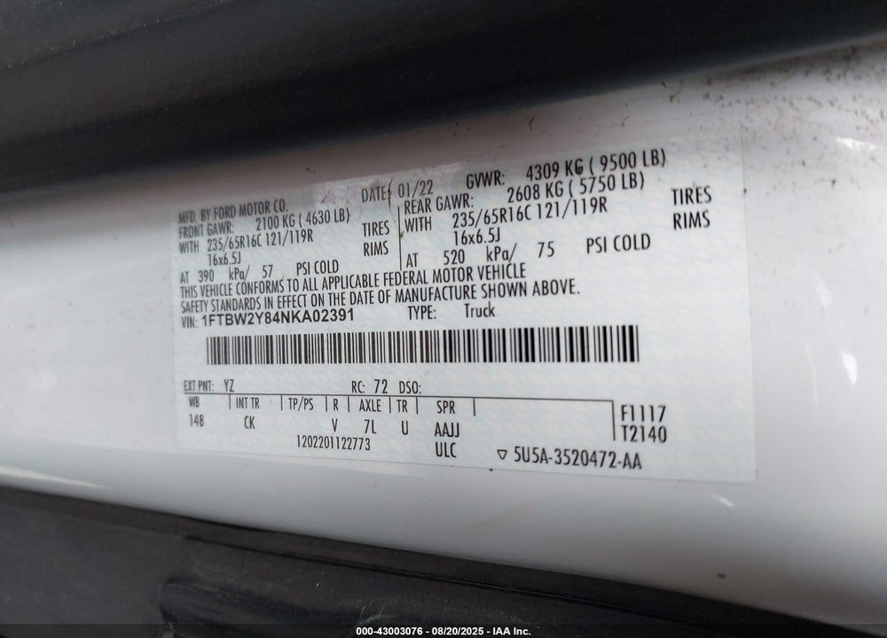 2022 FORD TRANSIT-350 VIN: 1FTBW2Y84NKA02391