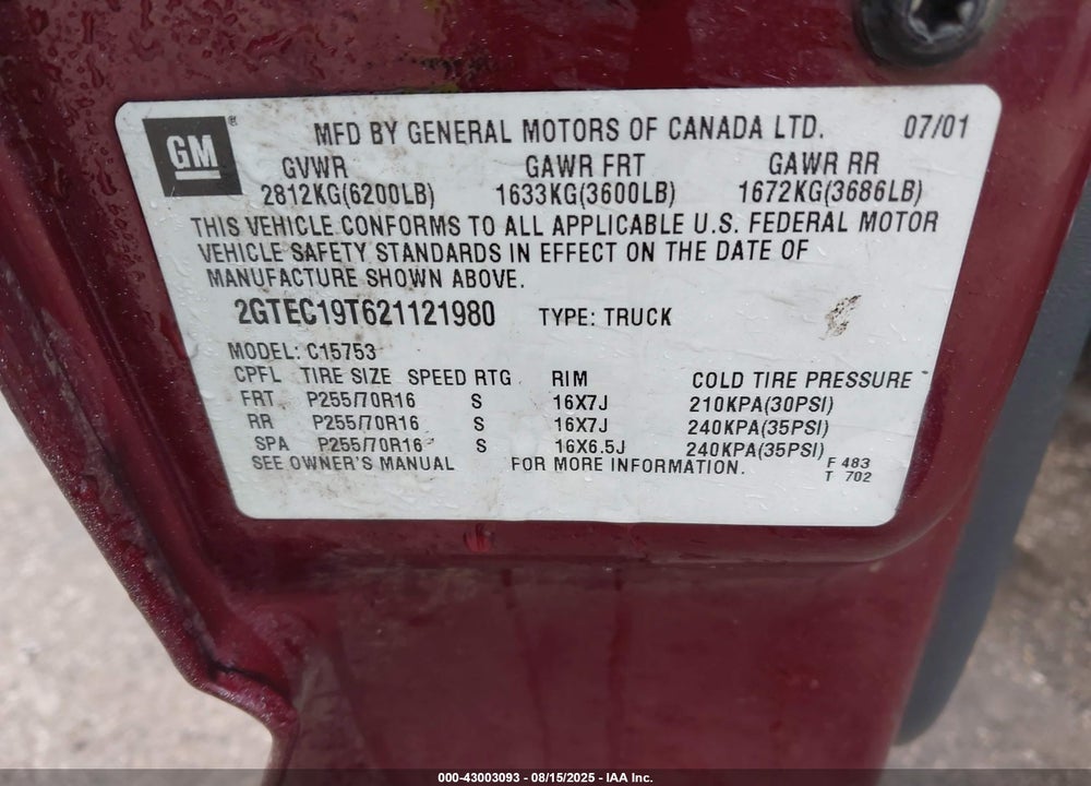 2002 GMC SIERRA 1500 SLE VIN: 2GTEC19T621121980