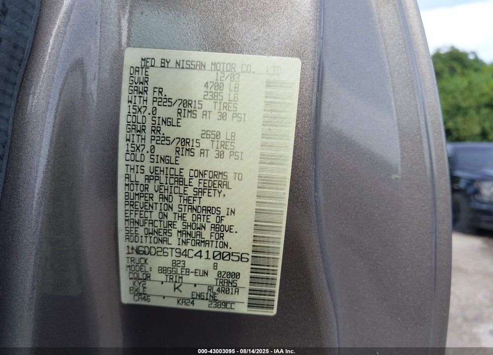 2004 NISSAN FRONTIER XE VIN: 1N6DD26T94C410056