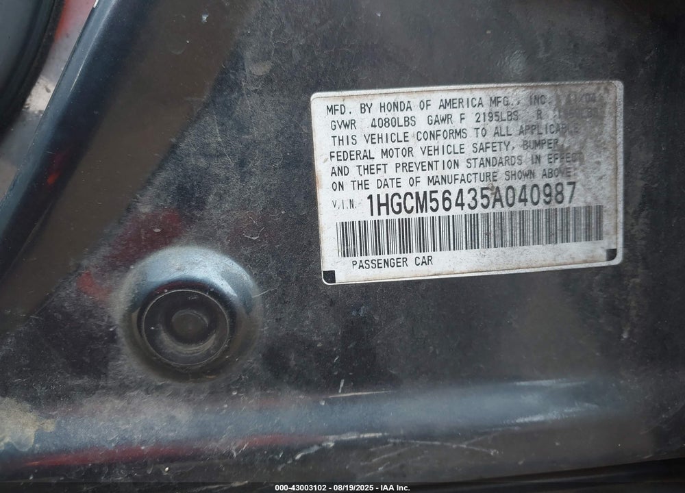 2005 HONDA ACCORD VIN: 1HGCM56435A040987