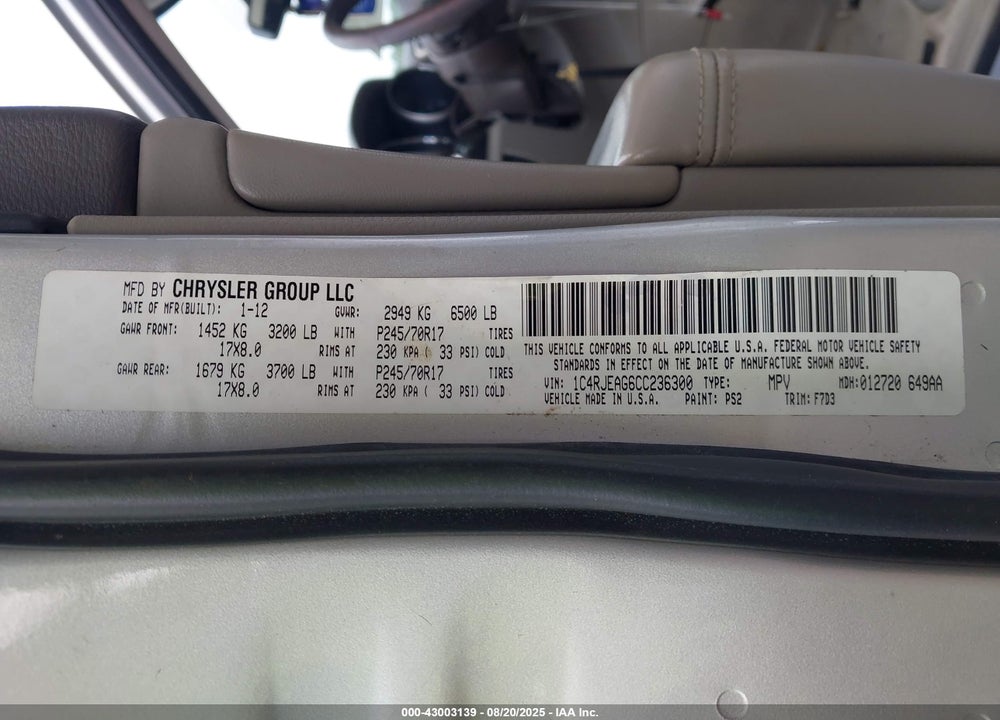 2012 JEEP GRAND CHEROKEE VIN: 1C4RJEAG6CC236300