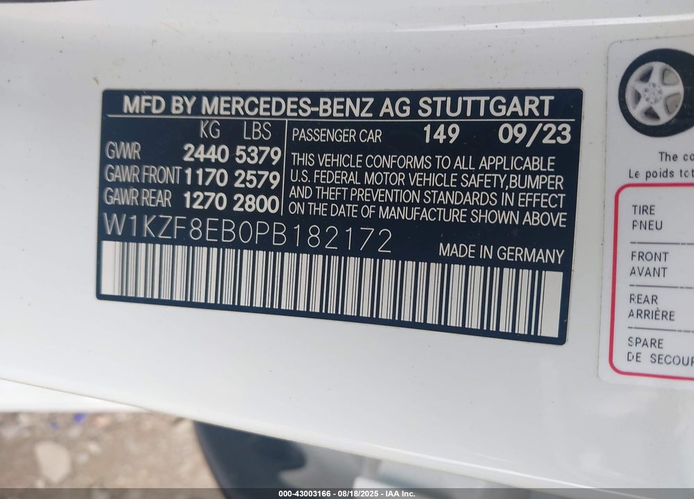 2023 MERCEDES-BENZ E-CLASS VIN: W1KZF8EB0PB182172