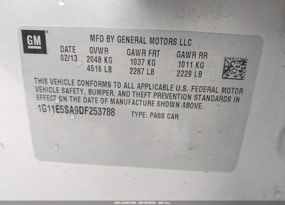2013 CHEVROLET MALIBU VIN: 1G11E5SA9DF253788