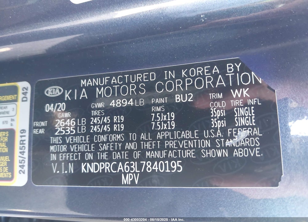 2020 KIA SPORTAGE VIN: KNDPRCA63L7840195