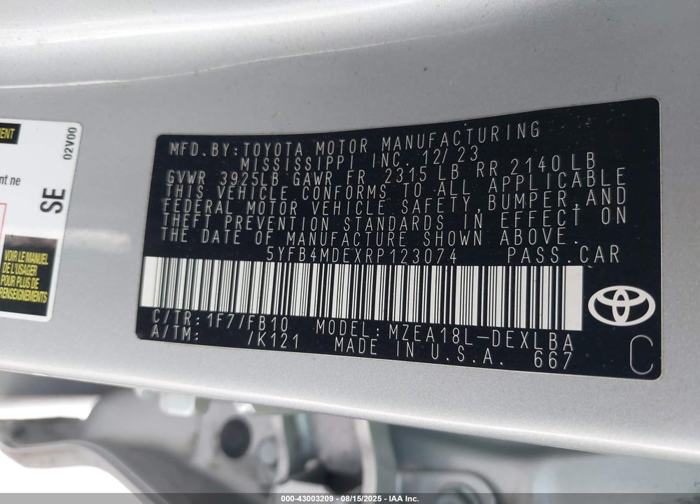 2024 TOYOTA COROLLA VIN: 5YFB4MDEXRP123074