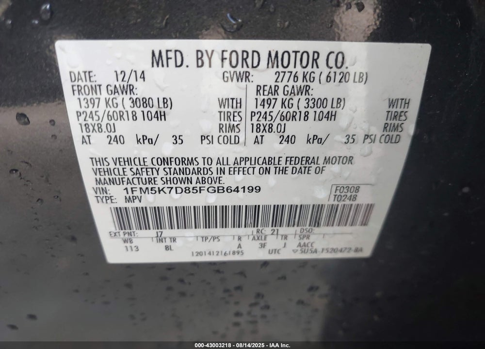 2015 FORD EXPLORER VIN: 1FM5K7D85FGB64199