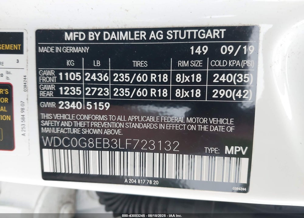 2020 MERCEDES-BENZ GLC CLASS VIN: WDC0G8EB3LF723132