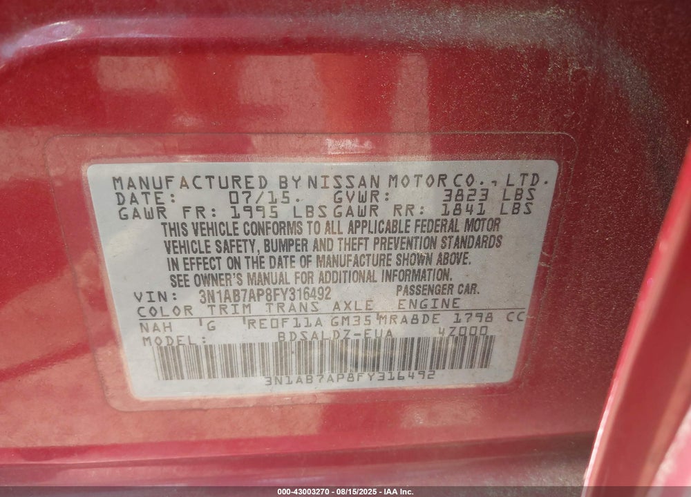 2015 NISSAN SENTRA VIN: 3N1AB7AP8FY316492