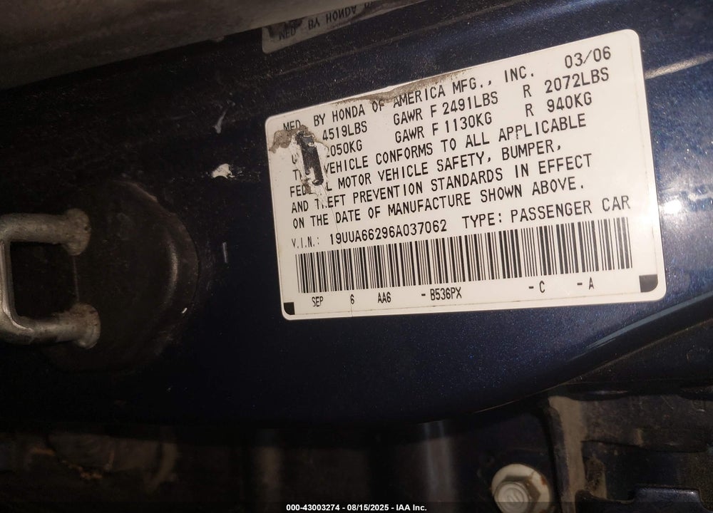 2006 ACURA TL VIN: 19UUA66296A037062