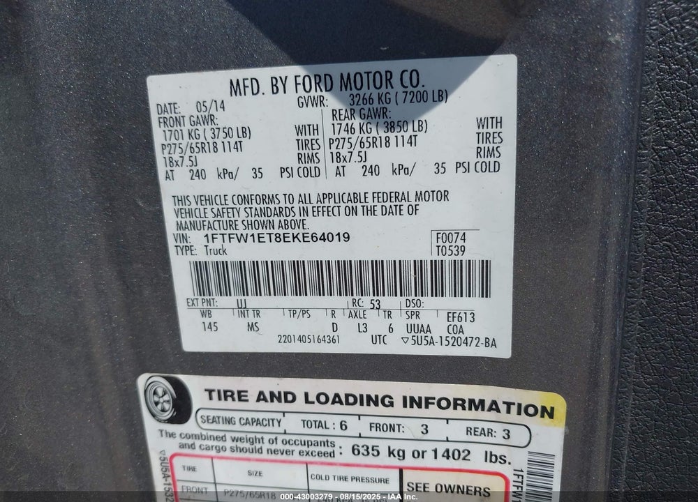 2014 FORD F-150 VIN: 1FTFW1ET8EKE64019