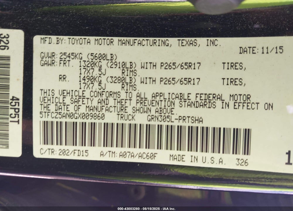 2016 TOYOTA TACOMA VIN: 5TFCZ5AN0GX009860