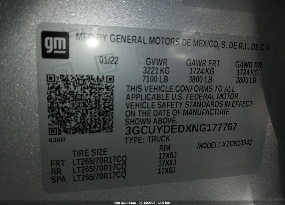 2022 CHEVROLET SILVERADO 1500 VIN: 3GCUYDEDXNG177767