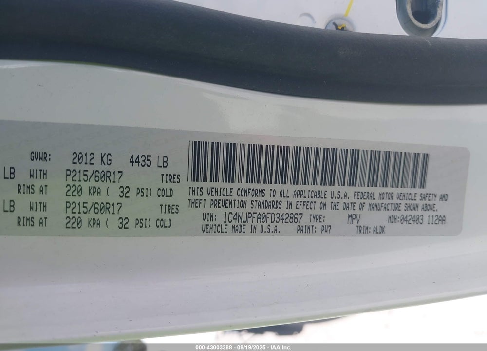 2015 JEEP PATRIOT HIGH ALTITUDE EDITION VIN: 1C4NJPFA0FD342867