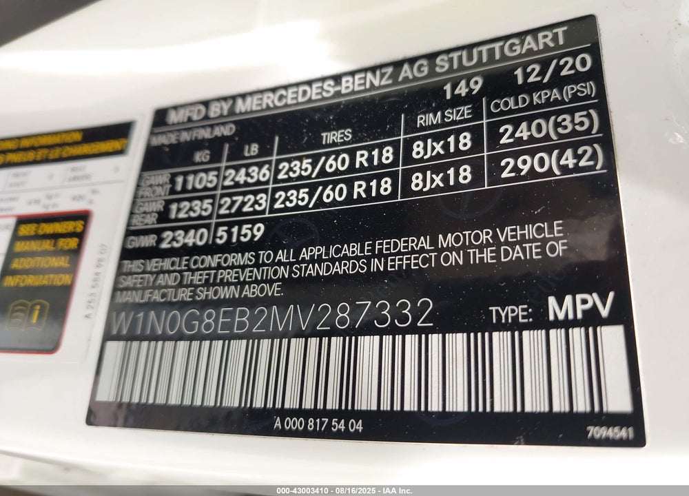 2021 MERCEDES-BENZ GLC CLASS VIN: W1N0G8EB2MV287332
