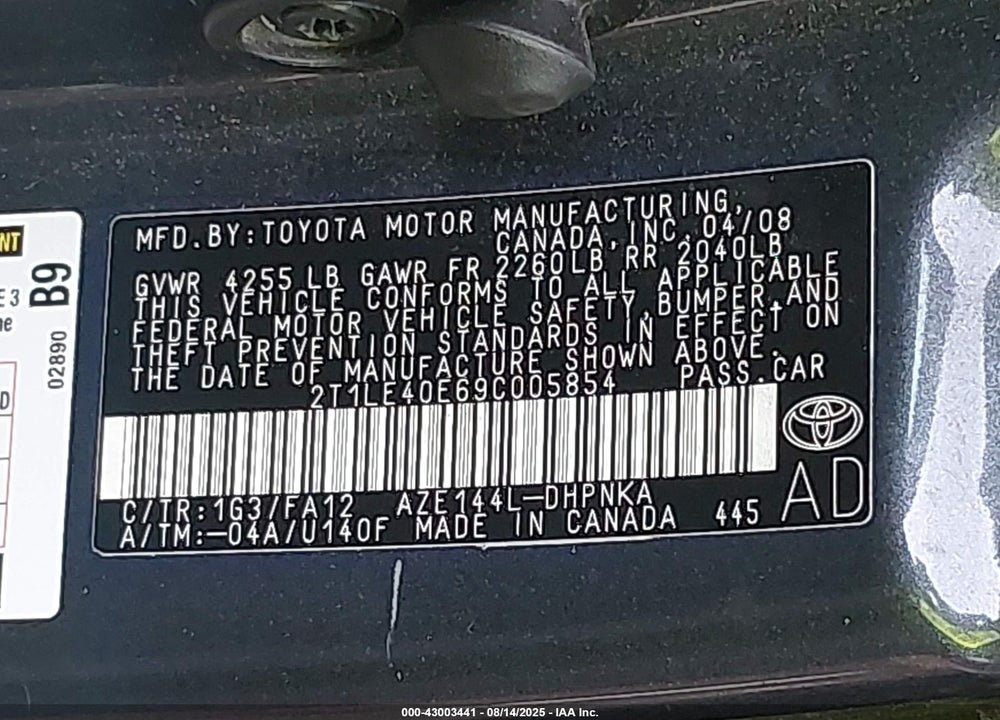 2009 TOYOTA MATRIX S VIN: 2T1LE40E69C005854