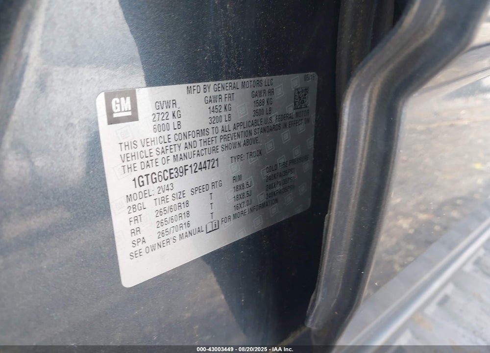 2015 GMC CANYON SLT VIN: 1GTG6CE39F1244721