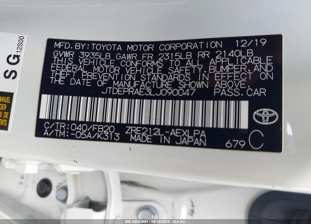 2020 TOYOTA COROLLA VIN: JTDEPRAE3LJ090047