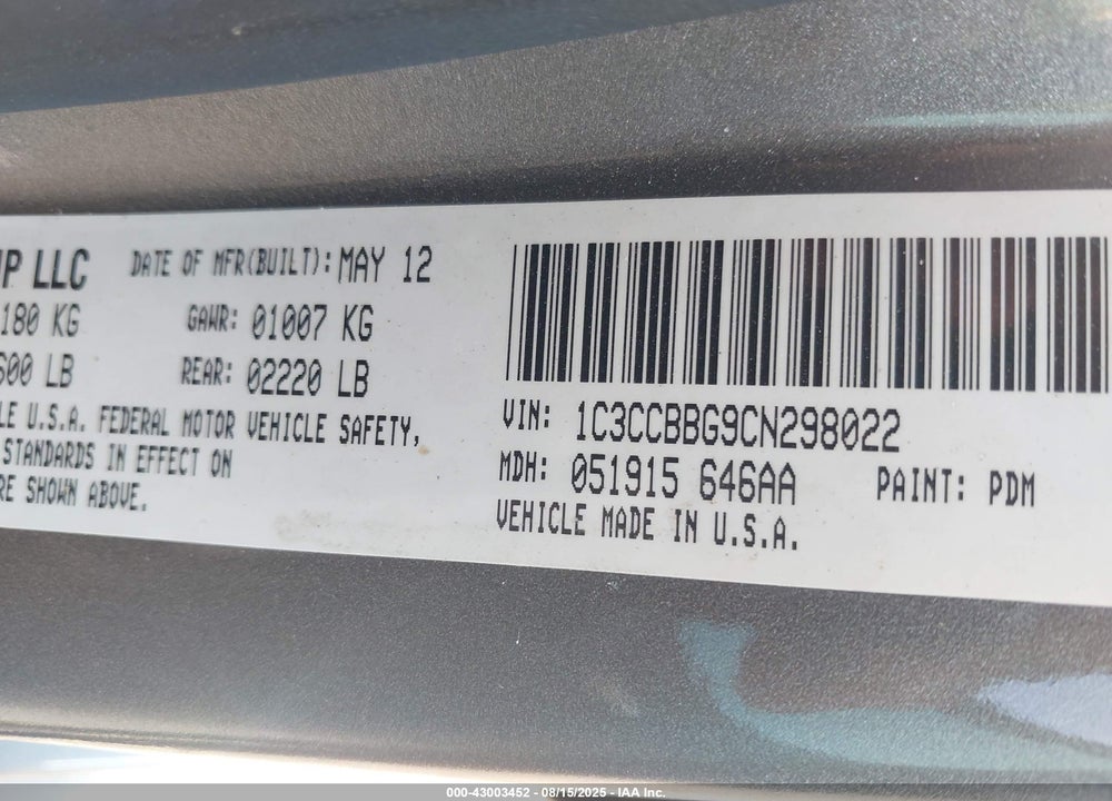 2012 CHRYSLER 200 VIN: 1C3CCBBG9CN298022