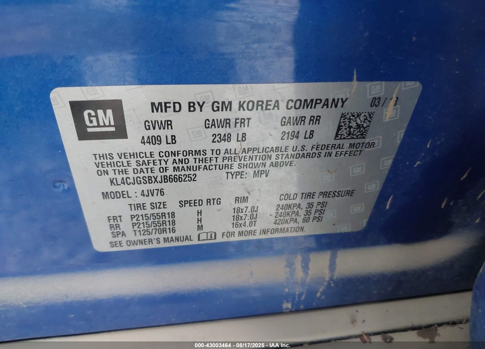 2018 BUICK ENCORE VIN: KL4CJGSBXJB666252