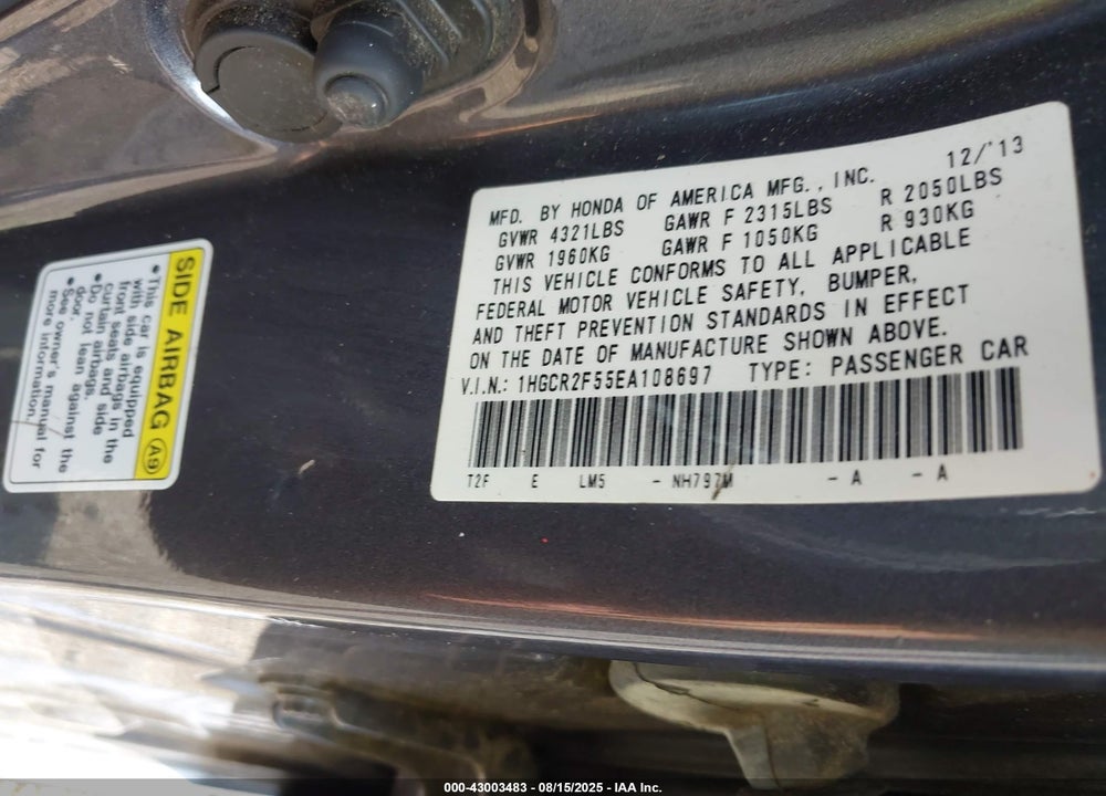 2014 HONDA ACCORD VIN: 1HGCR2F55EA108697