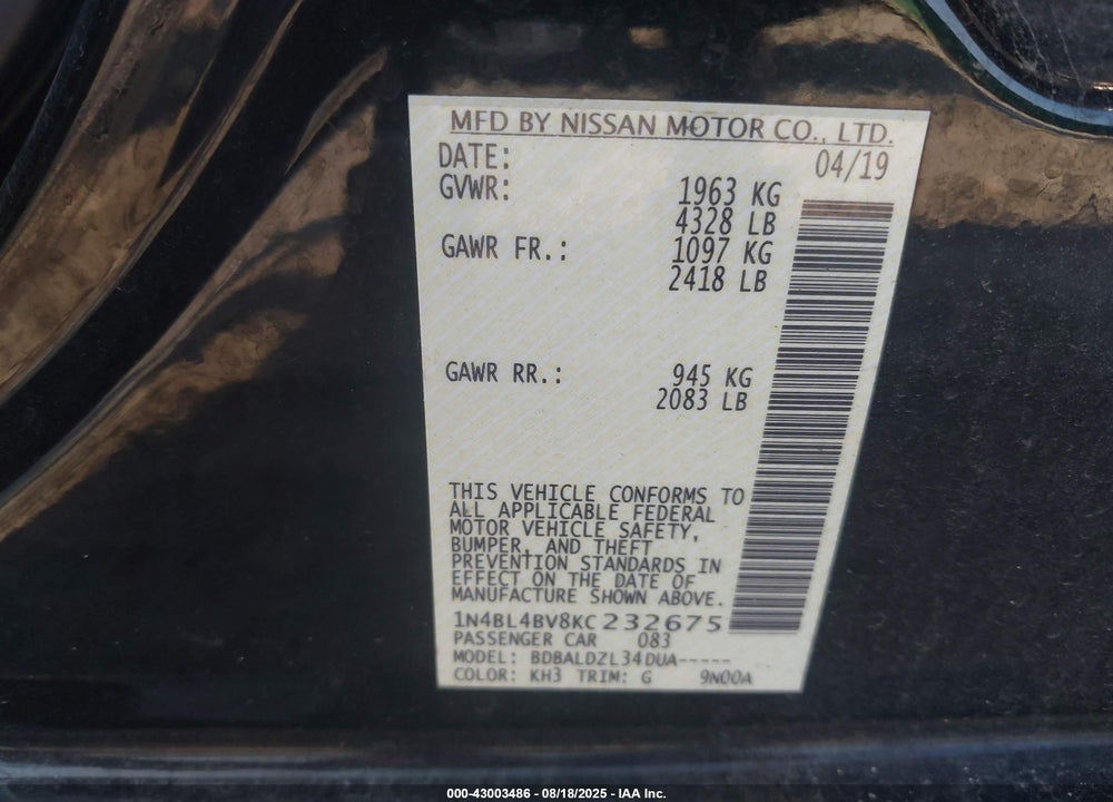 2019 NISSAN ALTIMA VIN: 1N4BL4BV8KC232675