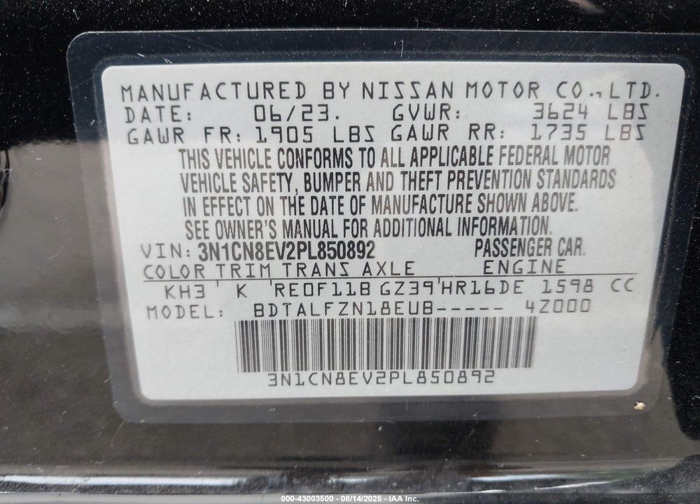 2023 NISSAN VERSA 1.6 SV XTRONIC CVT VIN: 3N1CN8EV2PL850892