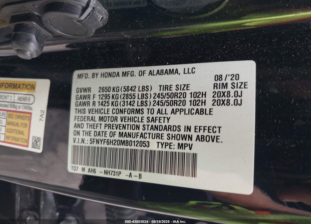 2021 HONDA PILOT VIN: 5FNYF6H20MB012053