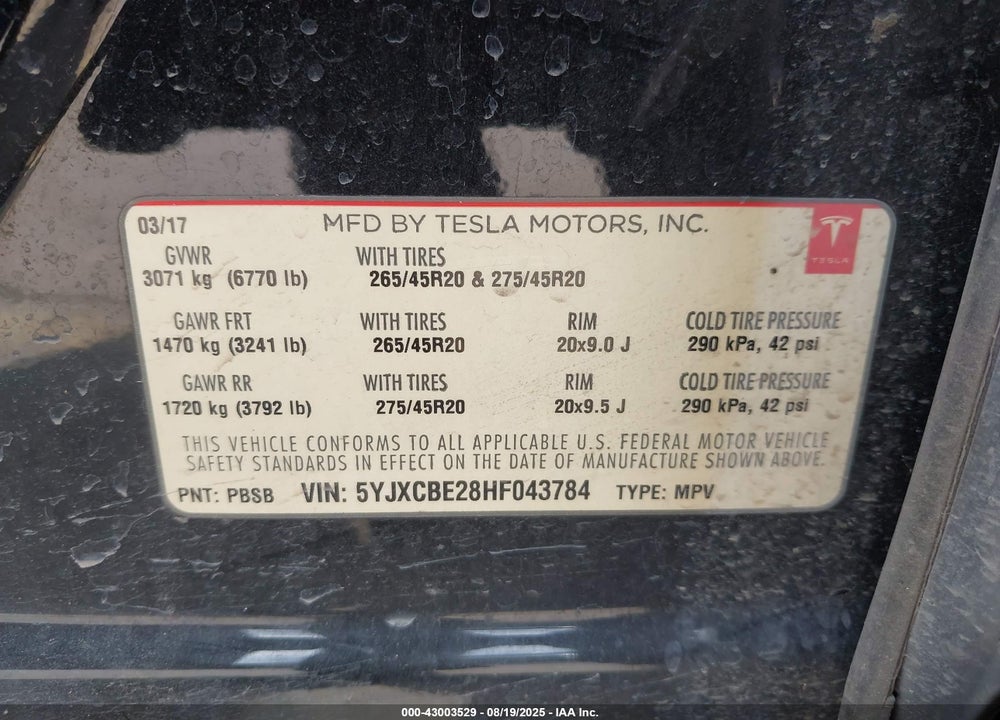 2017 TESLA MODEL X VIN: 5YJXCBE28HF043784