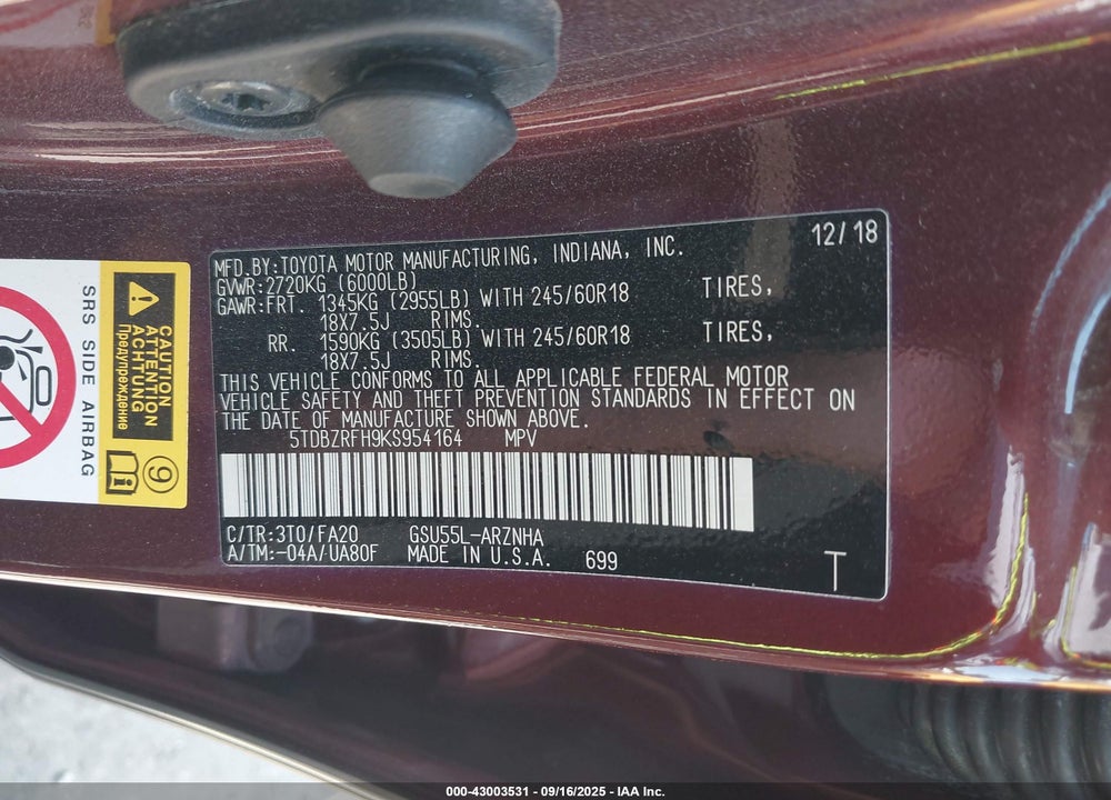 2019 TOYOTA HIGHLANDER LE PLUS VIN: 5TDBZRFH9KS954164