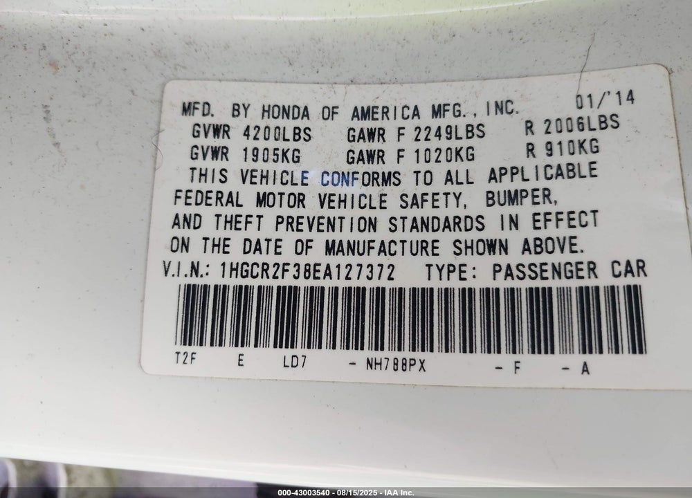 2014 HONDA ACCORD LX VIN: 1HGCR2F38EA127372